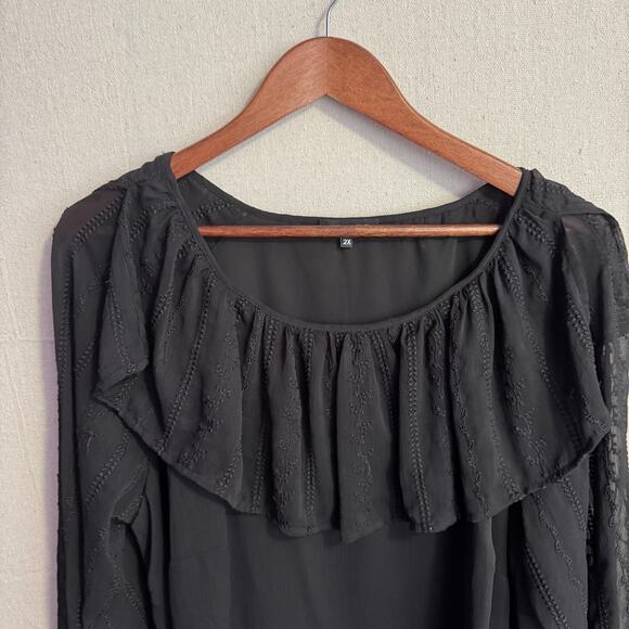 1 State Blouse Size 2X Black Sheer Layered Long Sleeve Embroidered Ruffle Neck - Picture 2 of 10